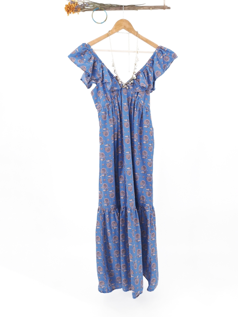 ✨Mango MNG Blue Floral Ruffle Organic Cotton Tiered Maxi Dress Boho S 4✨